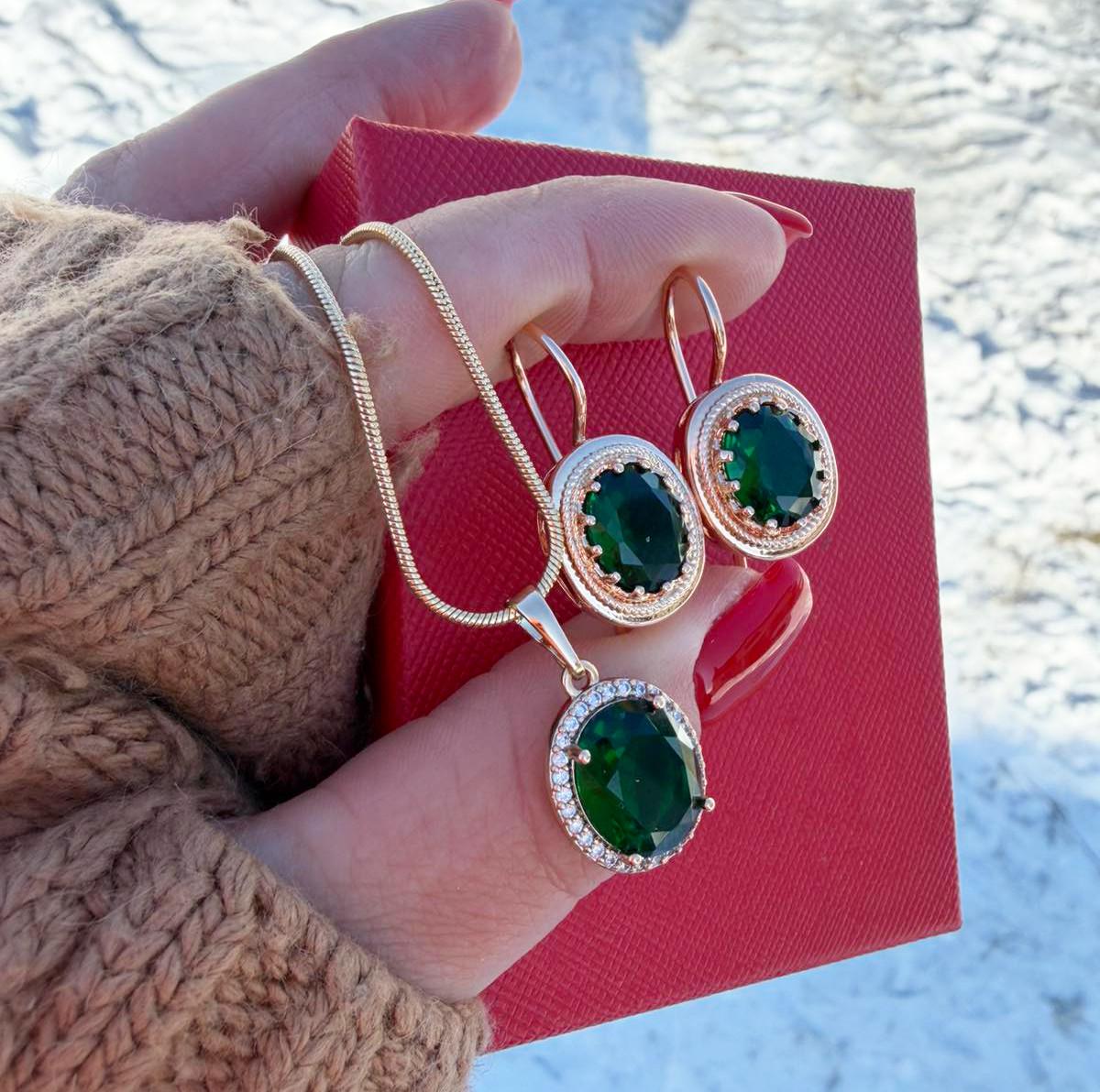 Набор украшений Xuping Зеленый циркон подвеска с цепочкой/серьги 18к 585п Золотой (77-569)