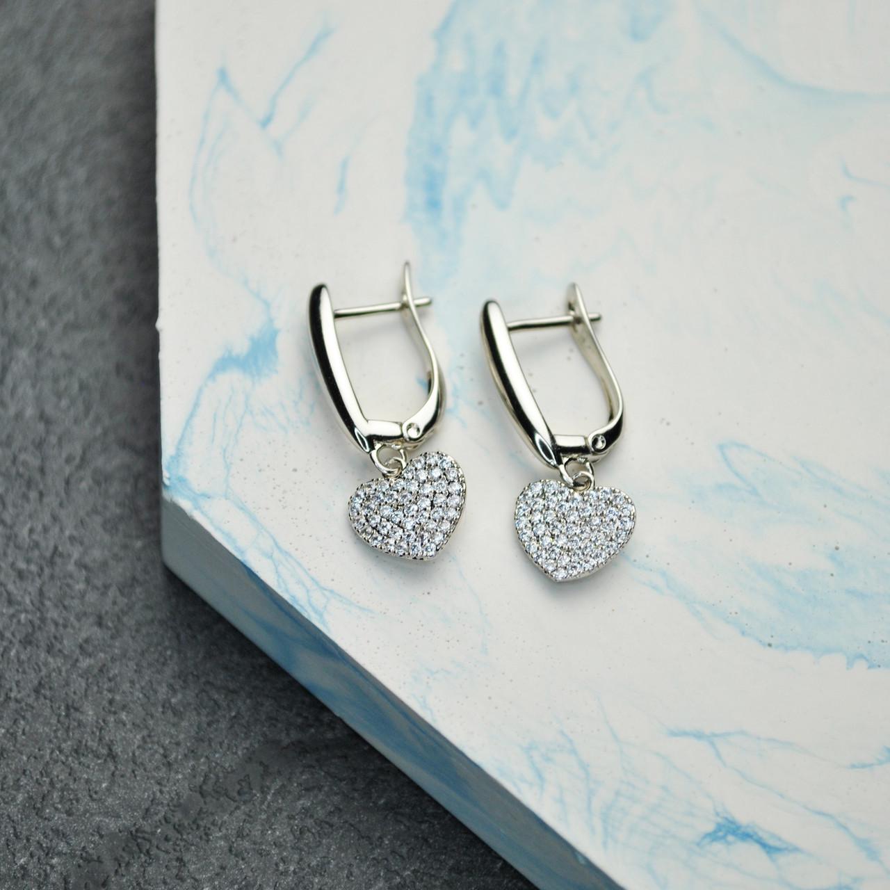 Сережки Сердца с фианитами медицинская сталь родий (x088)