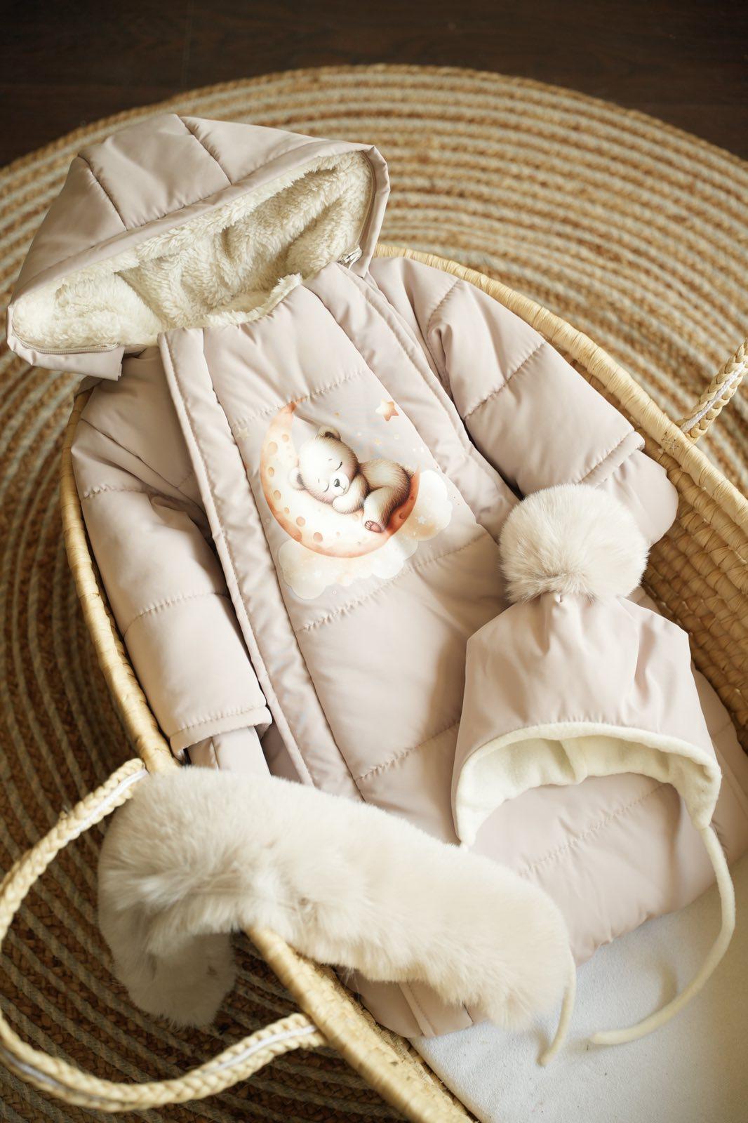 Комбінезон-мішечок з шапочкою на виписку зимовий 0-6 міс. Бежевий (9060) - фото 5