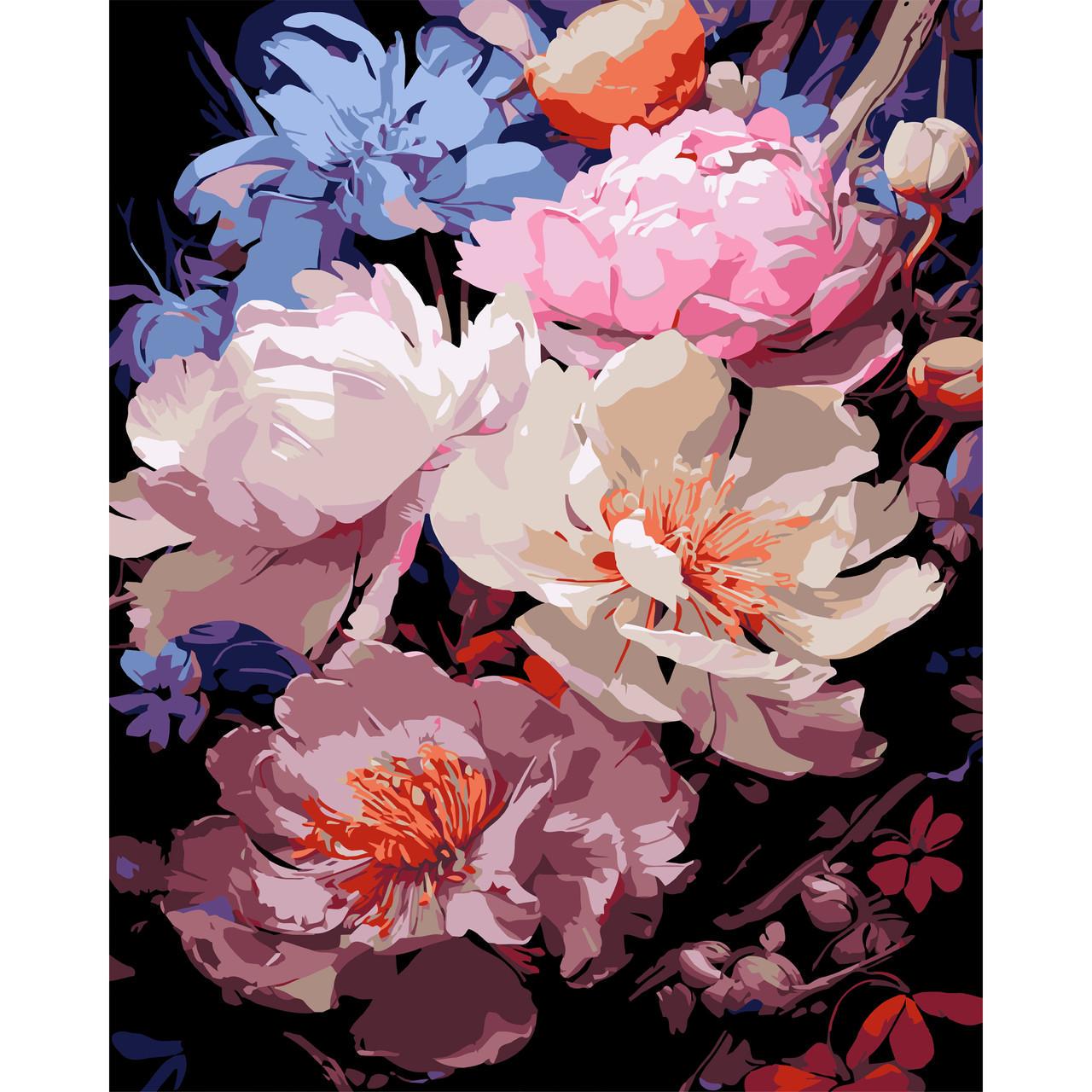 Картина за номерами Strateg Преміум Пелюстки ночі на чорному фоні 40х50 см (AH1164)