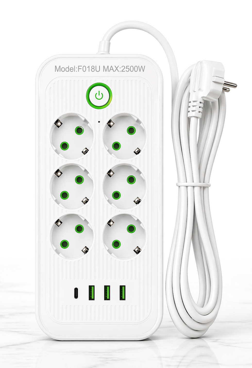 Удлинитель сетевой фильтр на 6 розеток 3 USB/Type-C с кнопкой 3 м Белый (7575)