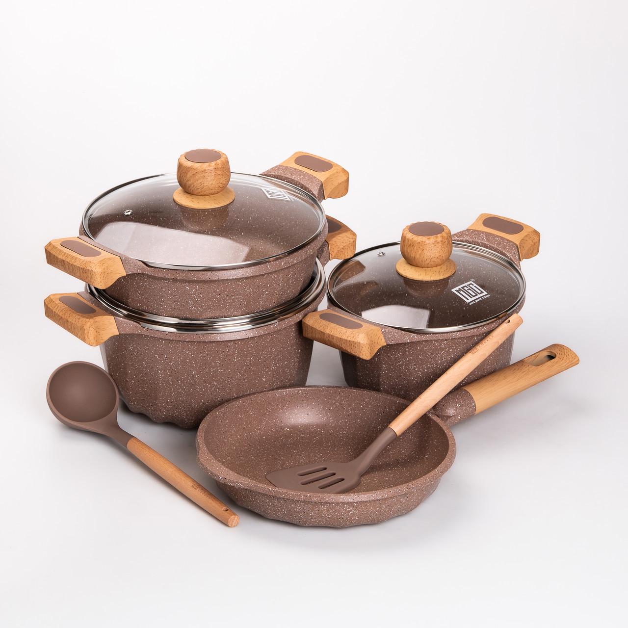 Набор посуды MGC кастрюли 3 шт./лопатка/половник Кофейный - фото 5