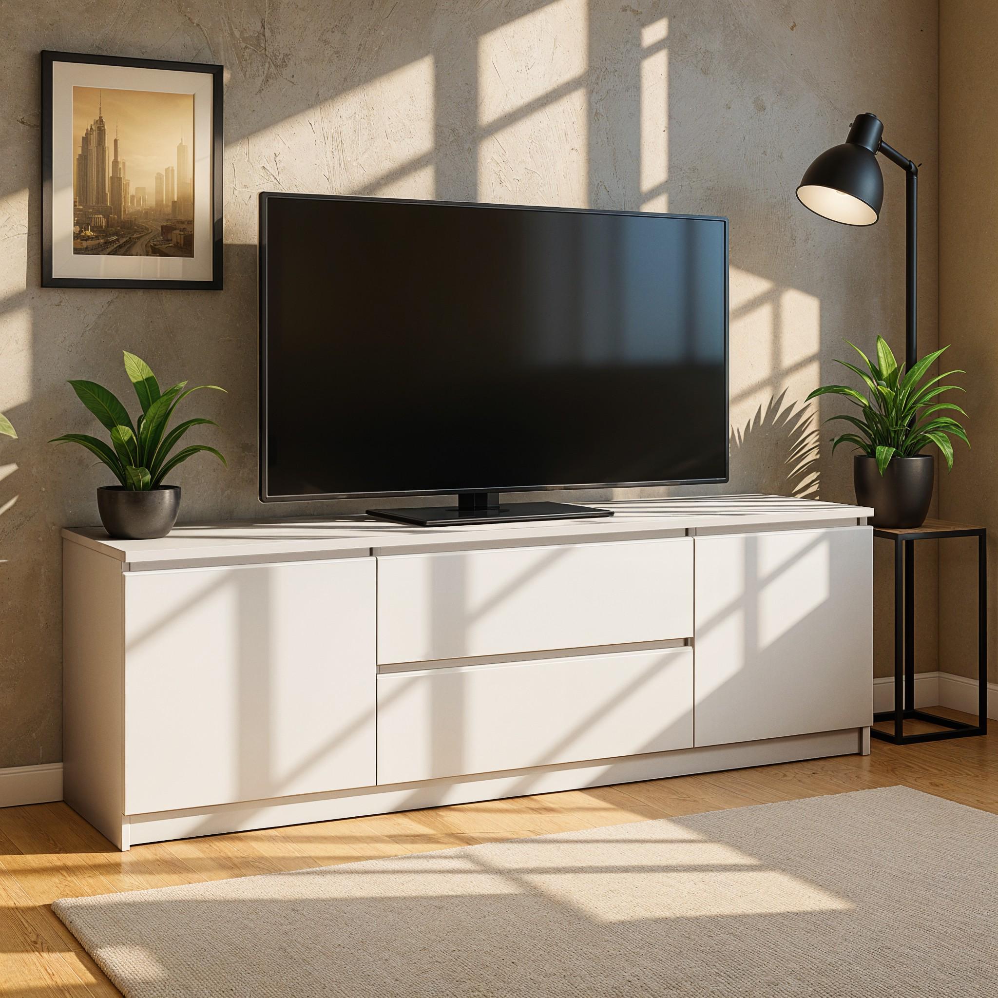 Тумба под телевизор на 2 ящика без ручек Sigma 1304х370х530 мм Белый