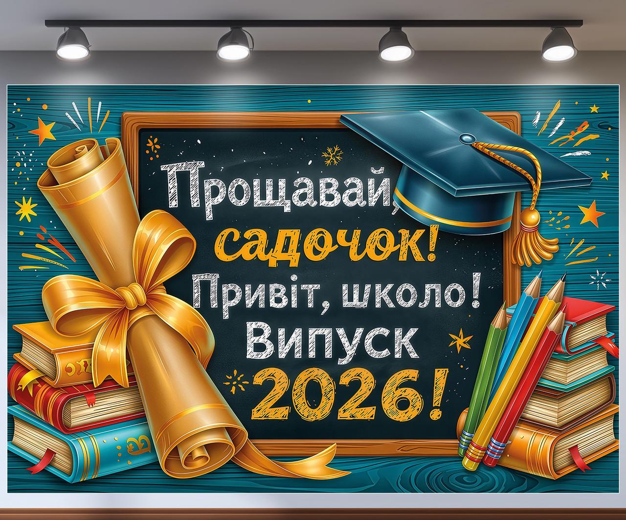 Баннер для фотозоны "Прощавай садочок Привіт школо" свиток диплом и книги 180x120 см Баннер для фотозоны "Прощавай садочок Привіт школо" свиток диплом и книги 180x120 см