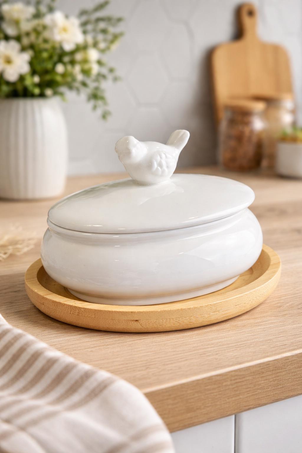 Цукорниця порцелянова Пташка з пташкою на бамбуковій підставці 350 мл (31504762)