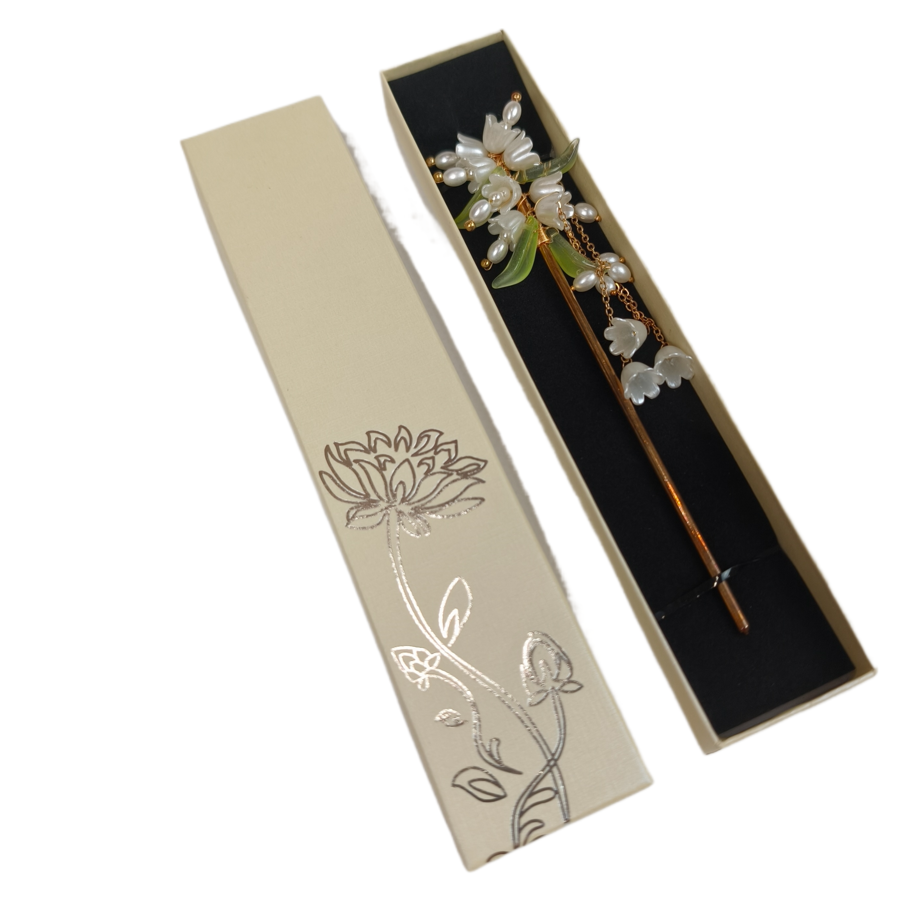 Шпилька-паличка китайська з металу для волосся з підвіскою квітами конвалії в подарунковій упаковці (U8111)