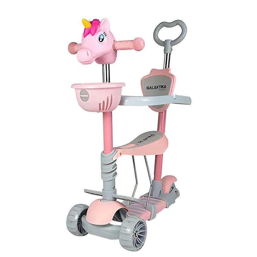 Самокат детский трехколесный 5в1 с подсветкой/корзиной и родительской ручкой Galaktika Единорог Розовый (2578200359)