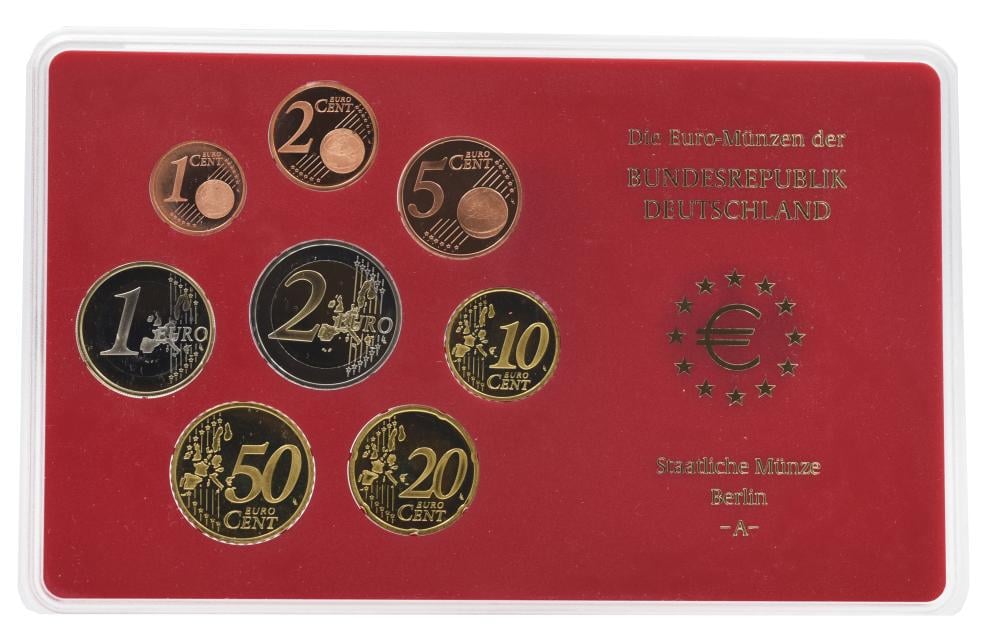 Коллекционные монеты Германия набор из 8 монет евро 2003 UNC A 1/2/5/10/20/50 евроцентов 1/2 евро в сувенирной упаковке (М22719)