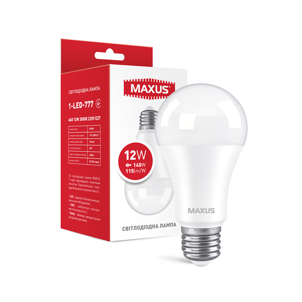 Світлодіодна лампа Maxus 1-LED-777 A60 12W 3000K E27 (27830658)