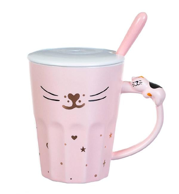 Чашка керамическая Котик с ложечкой и крышечкой 300 мл Розовый (514055)