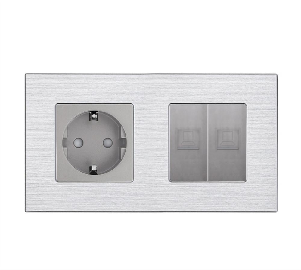 Розетка настенная WALLPAD 2хRJ-45 дизайнерская алюминиевая рамка Серый (WP-M1FCAT6CAT6-GY)