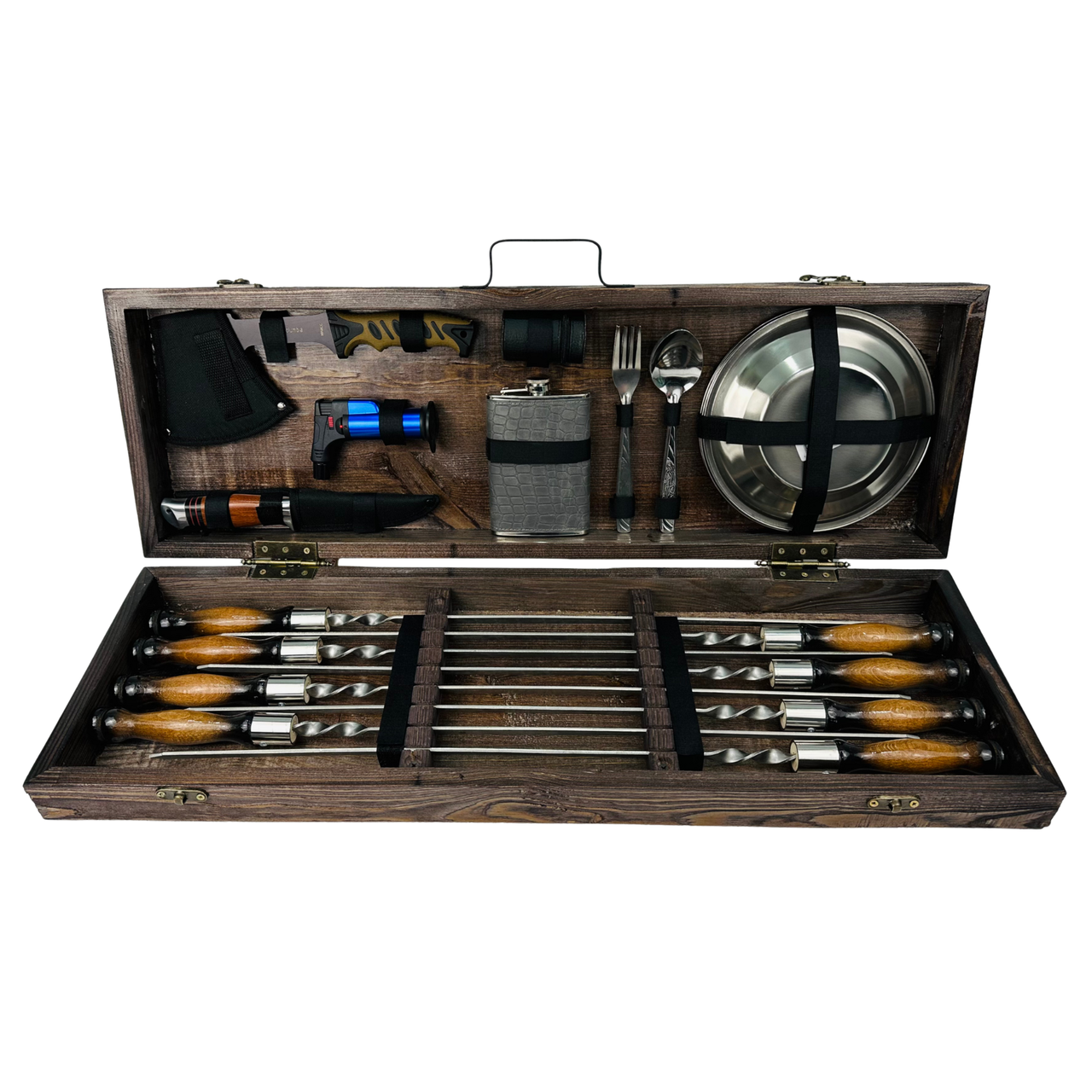 Набор шампуров Пикник МАХ из нержавеющей стали с аксессуарами в деревянном кейсе
