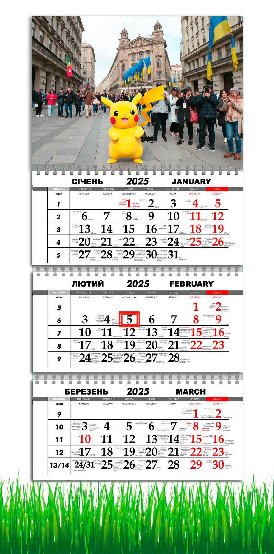 Календарь настенный квартальный на 2025 год APRIORI Пикачу/Покемон на 3 пружины 30х61 см (UA2990)