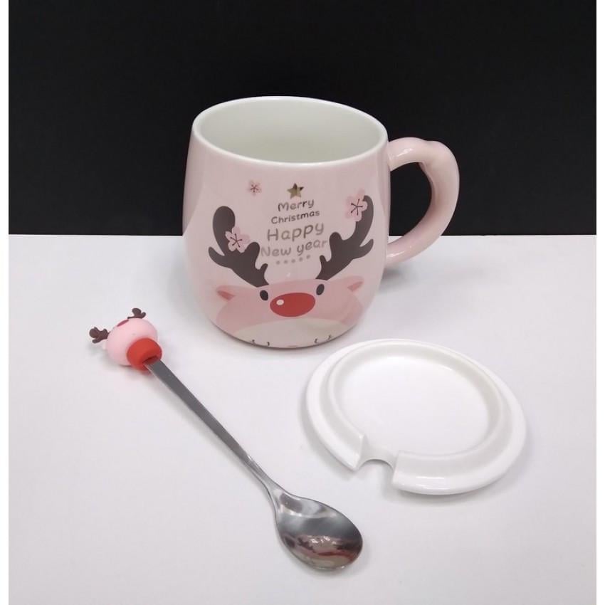 Кухоль новорічний Олень з кришкою та ложкою 360 мл Рожевий (O8030-220) - фото 2 Кухоль новорічний Олень з кришкою та ложкою 360 мл Рожевий (O8030-220) - фото 2