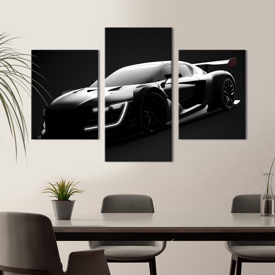 Картина на холсте триптих Чёрное спортивное авто 141x90 см (1293-32)