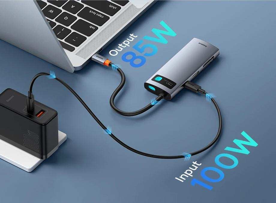 Хаб мультифункциональный USB Baseus 2 USB-C 4K при 60 Гц HDMI 3xUSB 3.0 PD 100 Вт порт Type C картридер SD/TF 7в1 (28337953) - фото 6