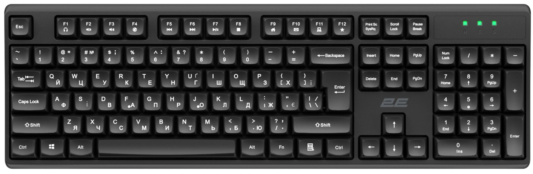 Клавиатура полноразмерная мембранная с раскладкой EN/UK 2E KS131 104key с подключением USB-A Черный (2E-KS131UB_UA)