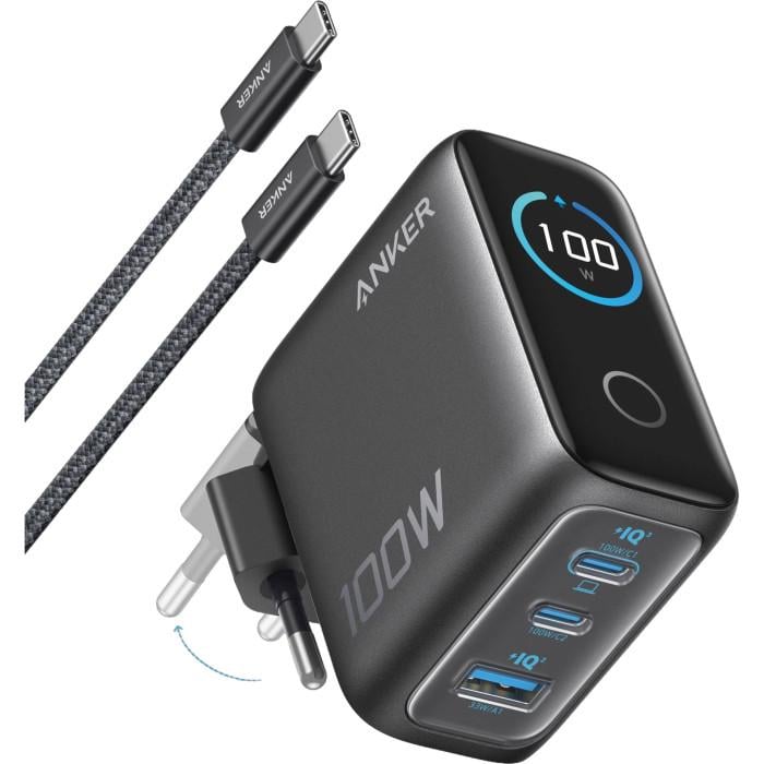 Зарядное устройство сетевое Anker GaN Charger 100W 2xUSB-C 1xUSB-A Display PD 3.0/QC 4.0 PPS Dark Grey (B121BGZ1)