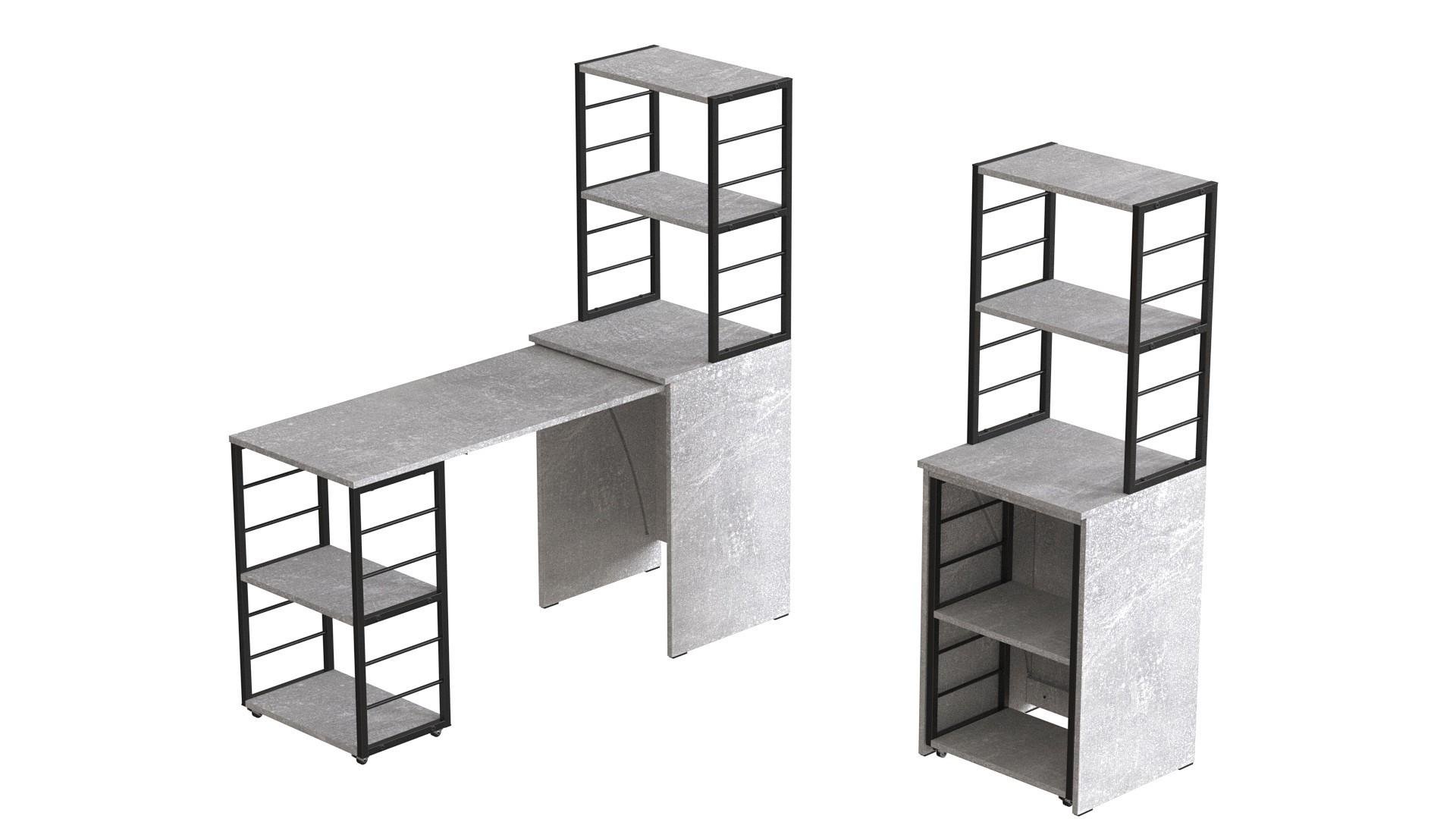 Стіл-тумба трансформер Ferrum-decor Смарт 3/2 з етажеркою метал/ДСП 16 мм 1430x1450x600 мм Чорний/Бетон (FRD-105122) - фото 6