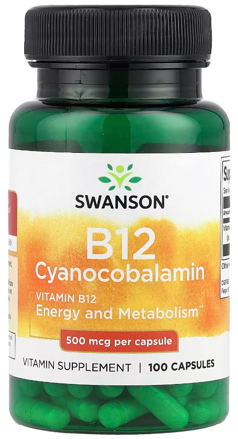 Витамин B12 Цианокобаламин Swanson Vitamin B12 Cyanocobalamin 500 мкг 100 капсул