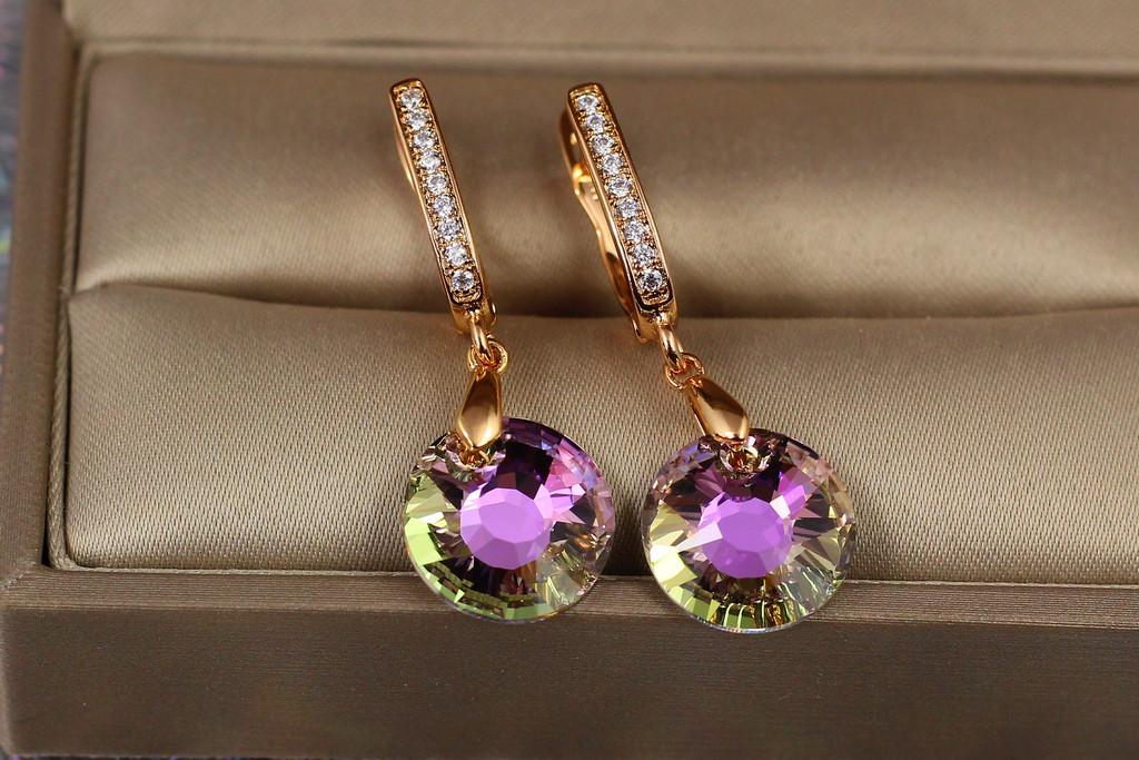 Серьги подвески Xuping Jewelry Круглый камень хамелеон 3,5 см Золотистый/Розовый