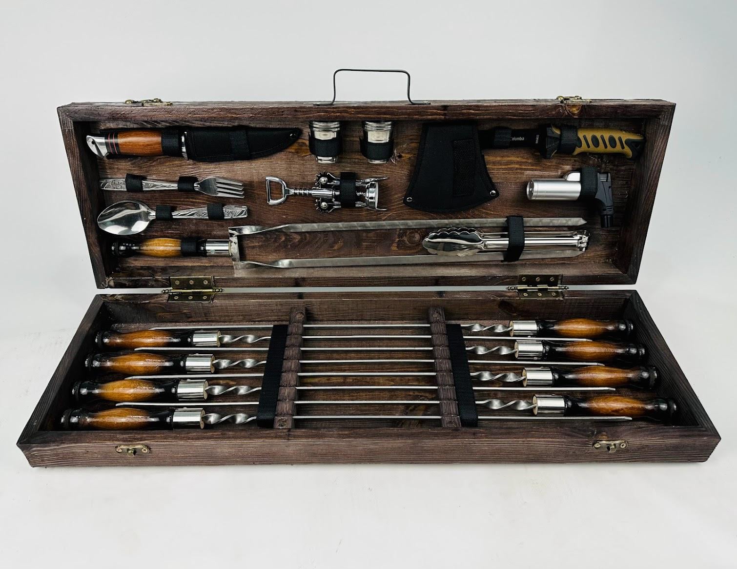 Набор шампуров и аксессуаров Гриль в деревянном кейсе 32 пр. Коричневый (141-10-KS-7601)