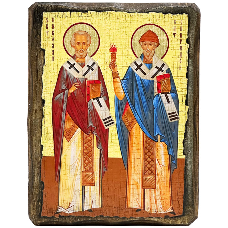 Ікона Святий Спиридон та Миколай Чудотворець під старовину 17х23 см (1835-2)