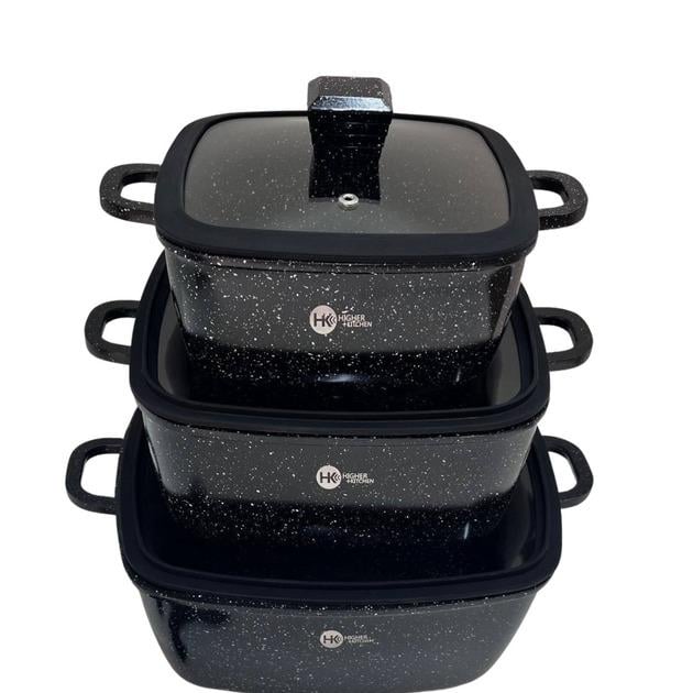 Набір каструль з кришками Higher Kitchen HK 325 із гранітним антипригарним покриттям 8 предметів 20/24/28 см Чорний (323ERDАА) - фото 2 Набір каструль з кришками Higher Kitchen HK 325 із гранітним антипригарним покриттям 8 предметів 20/24/28 см Чорний (323ERDАА) - фото 2