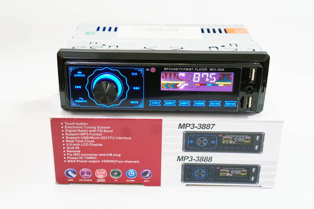 Автомагнитола 2xUSB/Bluetooth RGB SD/AUX/FM пульт 3888 ISO - фото 7