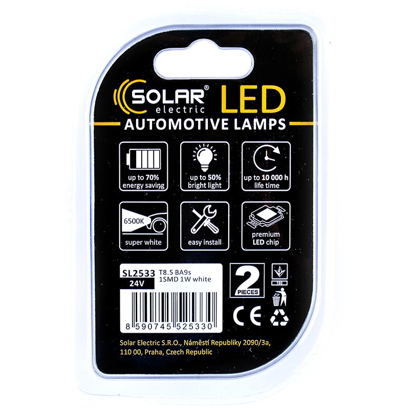 Лампи світлодіодні Solar 24 V T8,5 BA9s 1SMD White 2 шт. (SL2533) - фото 2