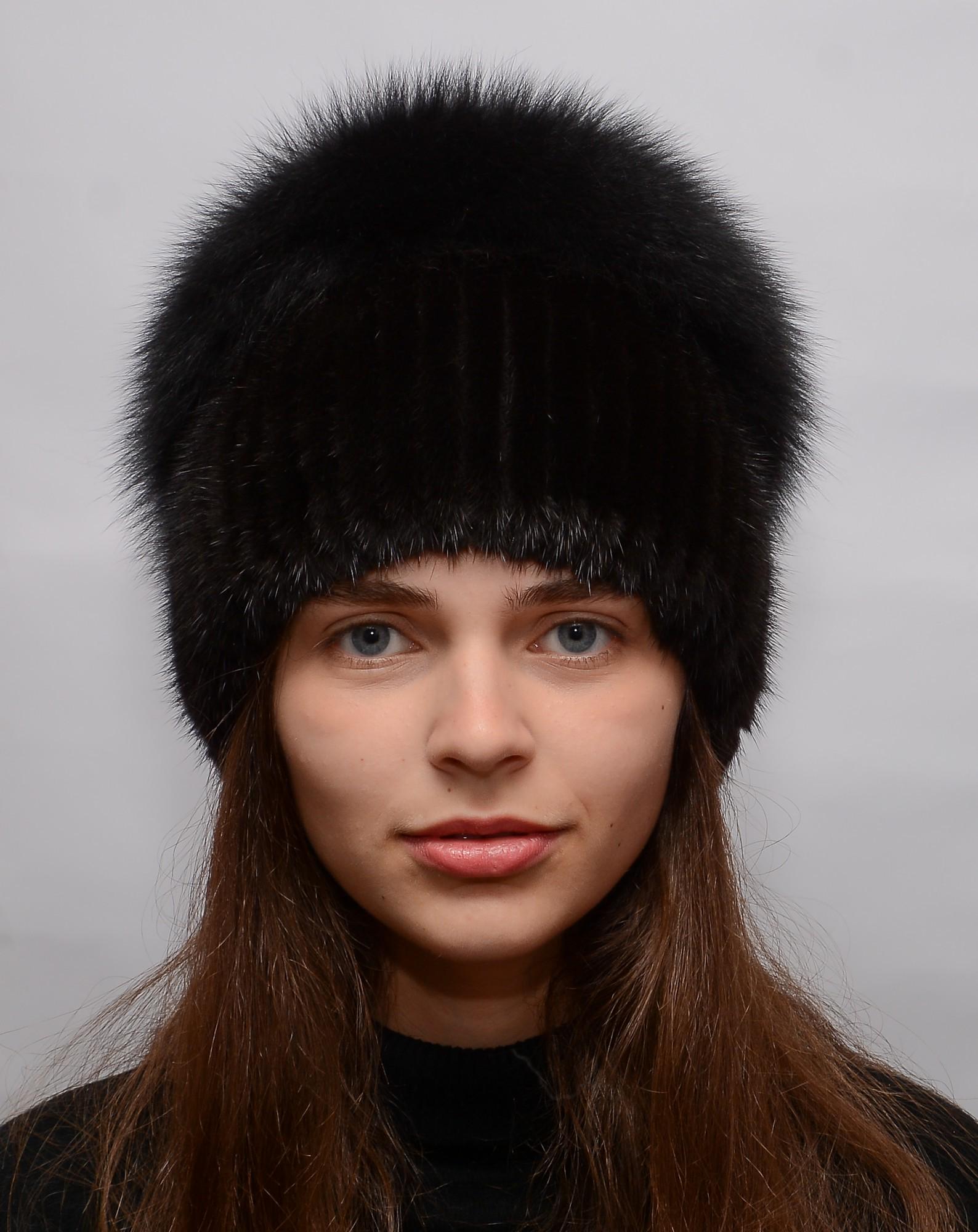 Женская вязаная норковая шапка Меховой стиль Колибри-разрез с помпоном натуральный мех Черный (120/1/F)