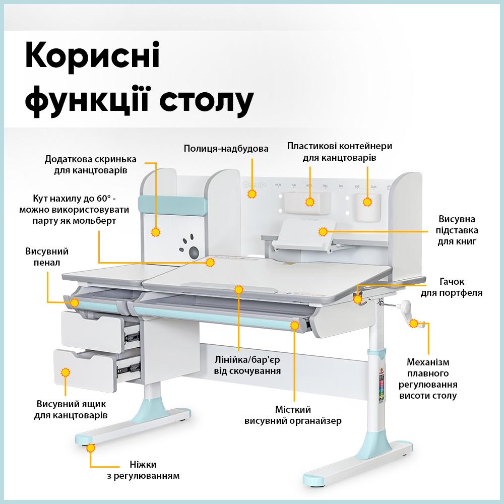 Парта шкільна ергономічна дитяча трансформер Mealux Hamilton Multicolor з полицею Білий/Блакитний (BD-680 W/G MC+BL з полицею) - фото 4