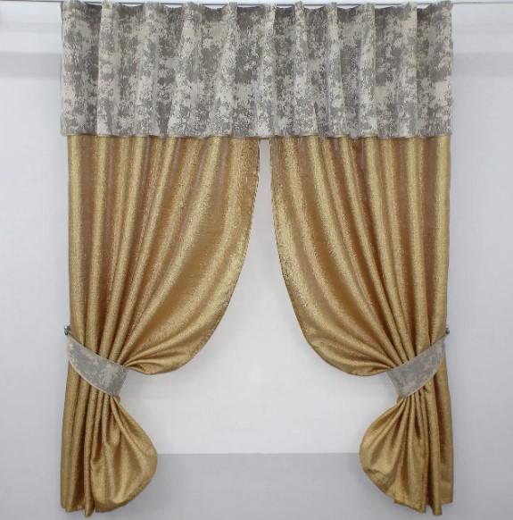 Занавеска на кухню/балкон с ламбрекеном 275х170 см. Золотистый/Кофейно-серый (073к)