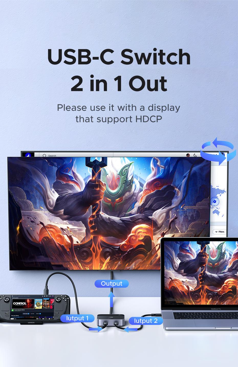 Перемикач Ugreen HDMI USB-C 2 входи 4K 60Hz HDR (29516563) - фото 3 Перемикач Ugreen HDMI USB-C 2 входи 4K 60Hz HDR (29516563) - фото 3