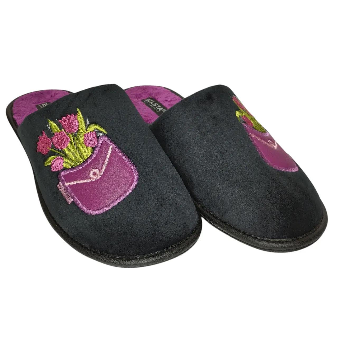 Тапочки комнатные женские БЕЛСТА из велюра украшены вышивкой цветов р. 41 26,2 см Черный (89-2-41-1)