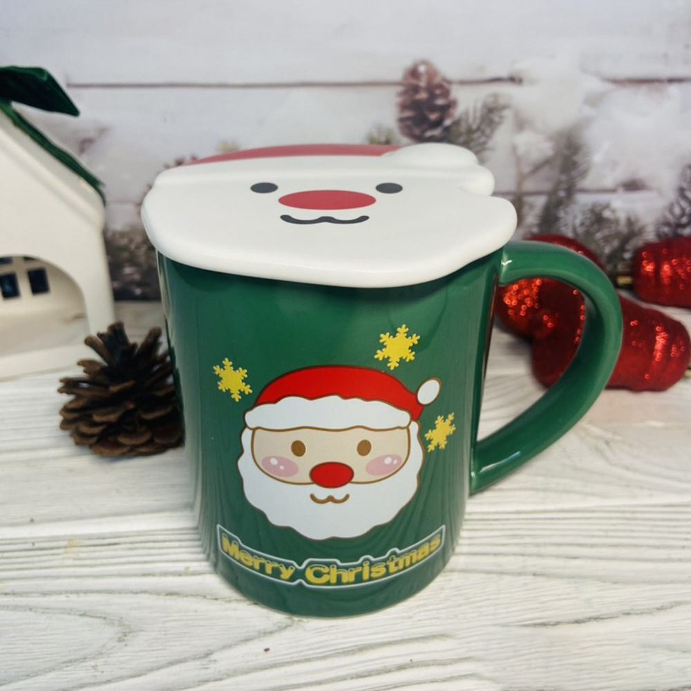 Чашка новорічна з кришкою і ложкою Санта кераміка 380 мл Зелений - фото 10