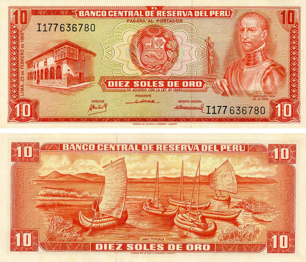 Коллекционная банкнота Перу 10 соль 1968 AU-UNC P93a (Б20677)