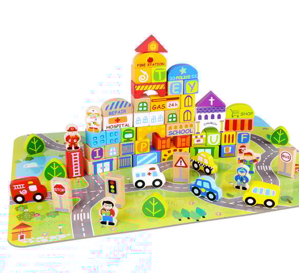 Деревянный конструктор строительные блоки City Block Городок кубики 100 деталей и пазл