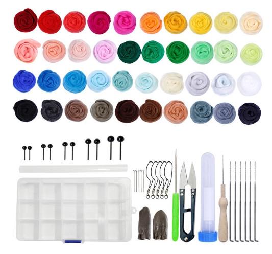 Набор шерсти для валяния 40 цветов по 3 г с инструментами/органайзером (1922)