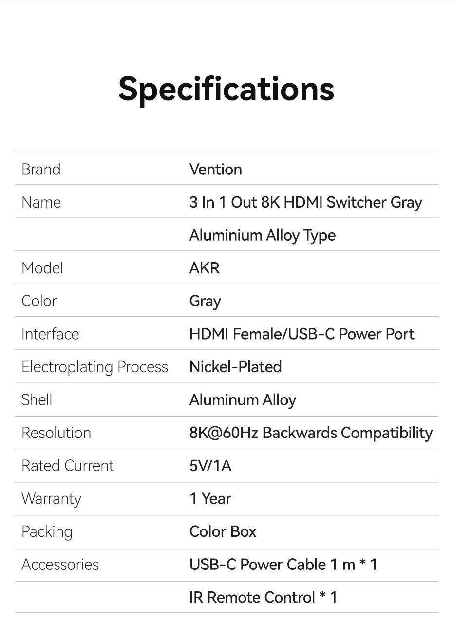 Комутатор Hdmi Vention алюмінієвий 3 1 Сірий (AKRH0) - фото 10 Комутатор Hdmi Vention алюмінієвий 3 1 Сірий (AKRH0) - фото 10