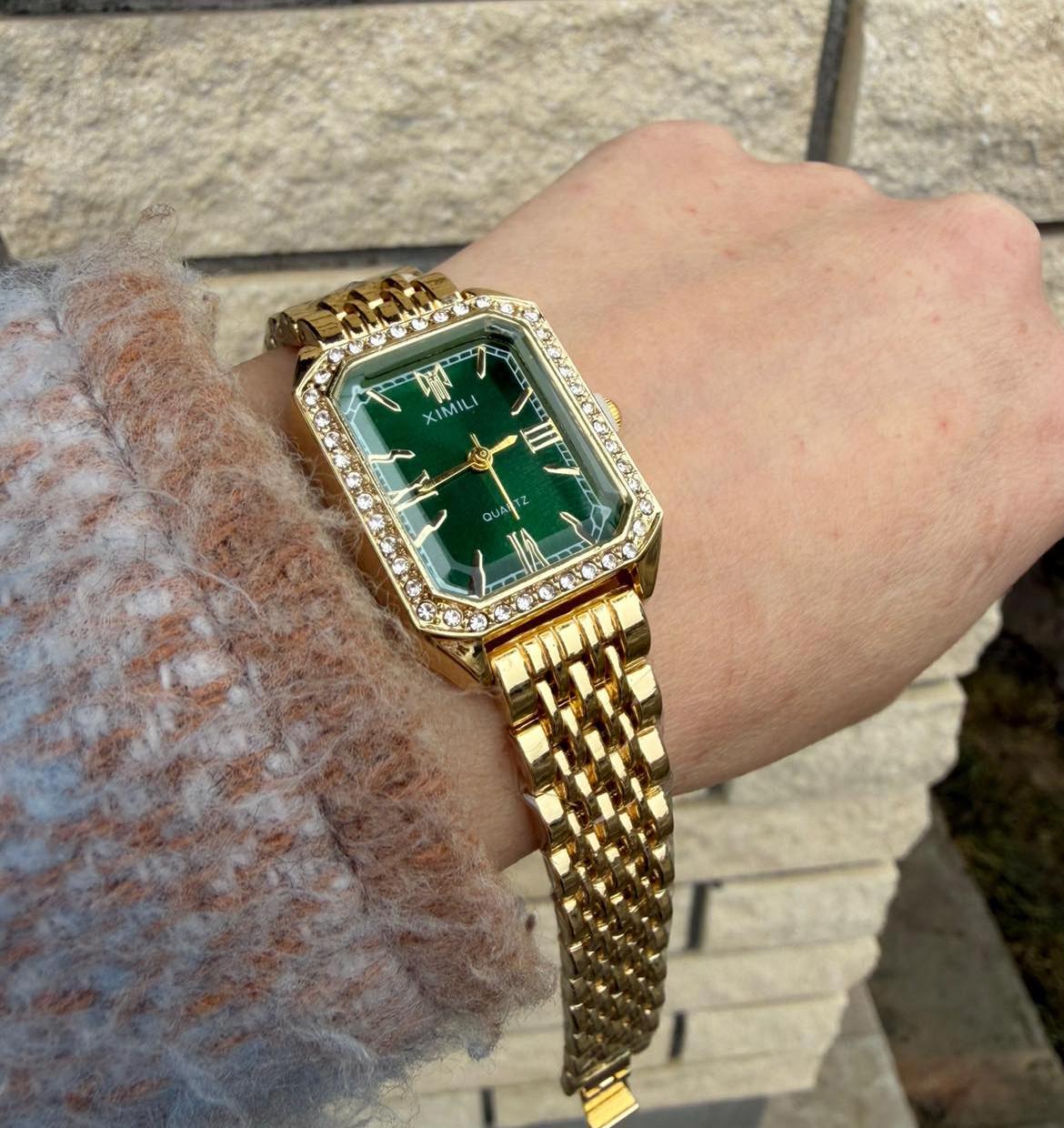 Часы женские GONCHAR & CO XIMILI медицинский сплав кварцевый механизм с камнями Золотистый/Зеленый (65-15)