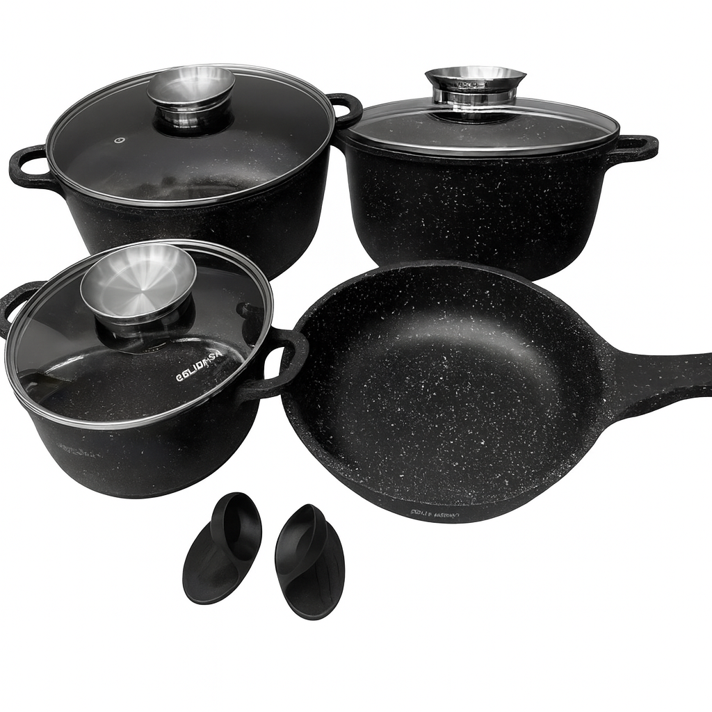 Набір кухонного посуду Bellmax BM-120 з литого алюмінію з гранітним антипригарним покриттям 9 пр. Чорний (984) - фото 2 Набір кухонного посуду Bellmax BM-120 з литого алюмінію з гранітним антипригарним покриттям 9 пр. Чорний (984) - фото 2