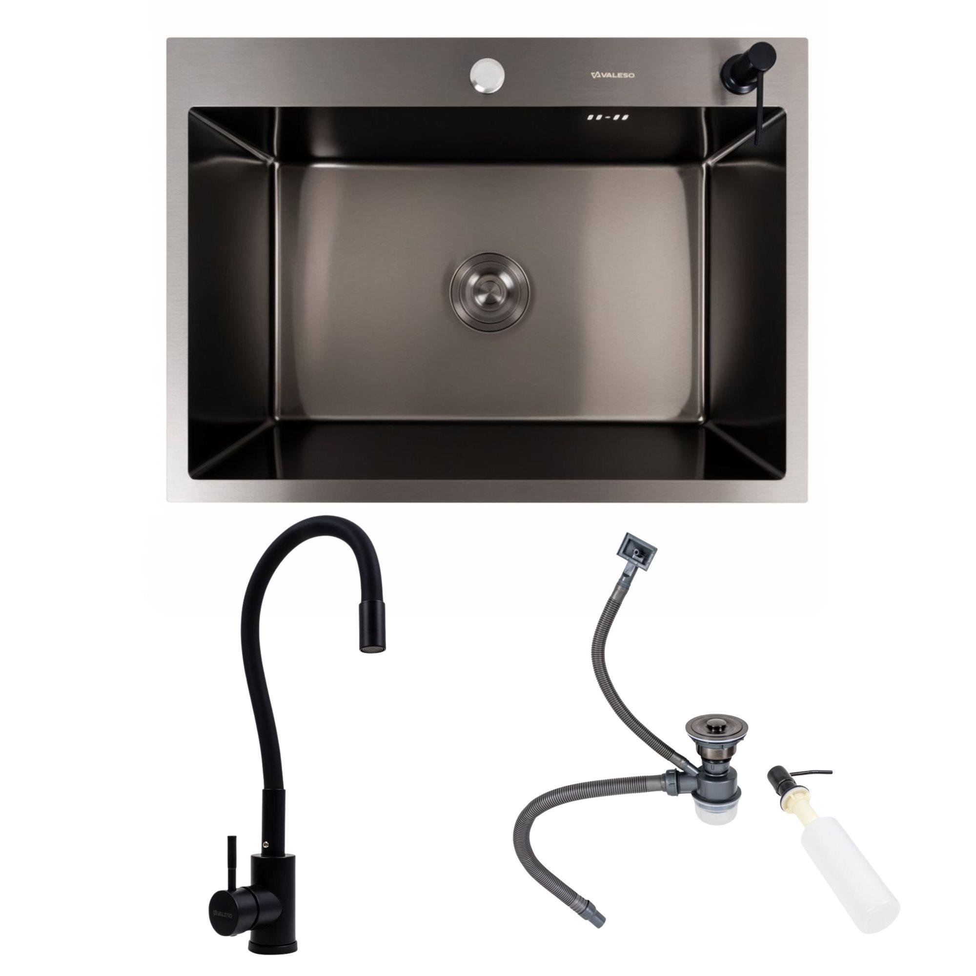 Комплект мийка Valeso Handmade 70х50 см PVD 3,0/0,8 Чорний/змішувач гнучкий NES-ZZ45