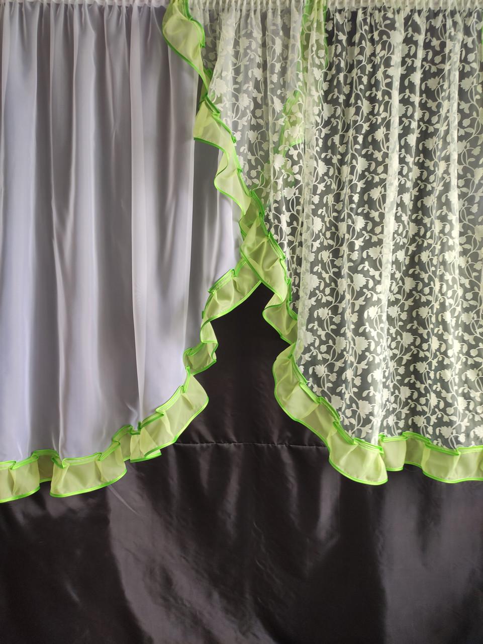 Тюль кухонна Ірис із двох частин органза та шифон 300х140 см Салатовий з білим (уо-06) - фото 1 Тюль кухонна Ірис із двох частин органза та шифон 300х140 см Салатовий з білим (уо-06) - фото 1