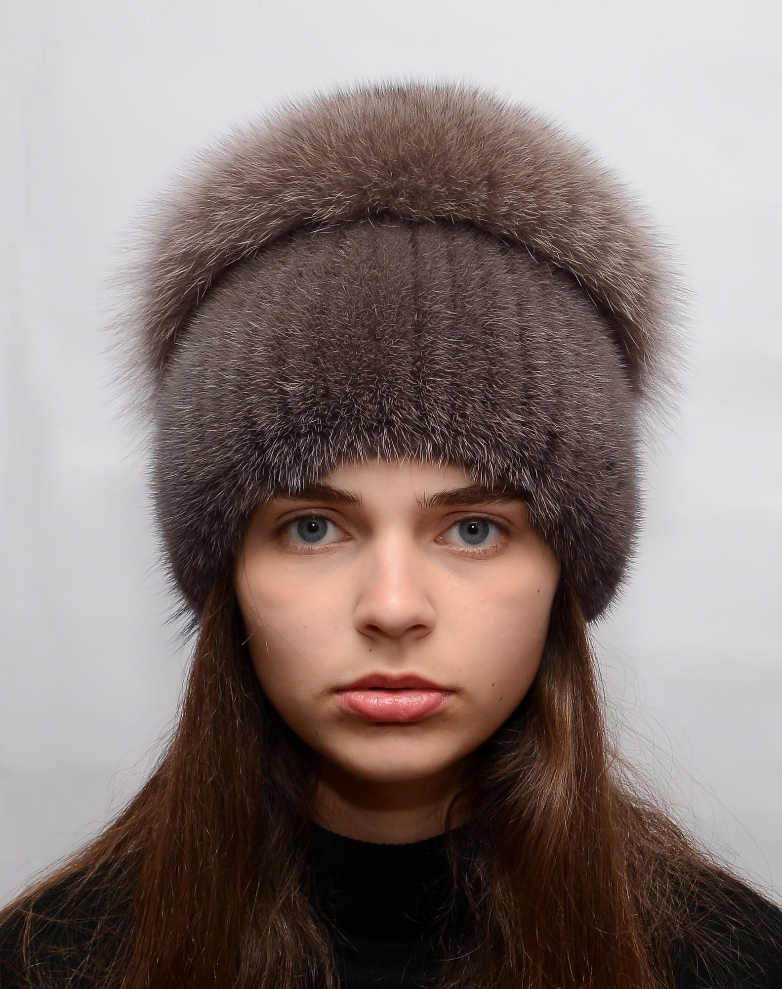 Женская вязаная норковая шапка Меховой стиль Колибри с помпоном натуральный мех M-L Кофе (120/E)