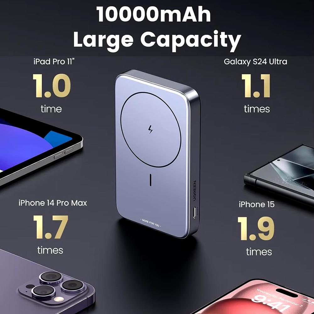 Аккумулятор внешний с MagSafe UGREEN PB206 10000mAh Magnetic Wireless With Holder Gray (15086) - фото 2 Аккумулятор внешний с MagSafe UGREEN PB206 10000mAh Magnetic Wireless With Holder Gray (15086) - фото 2