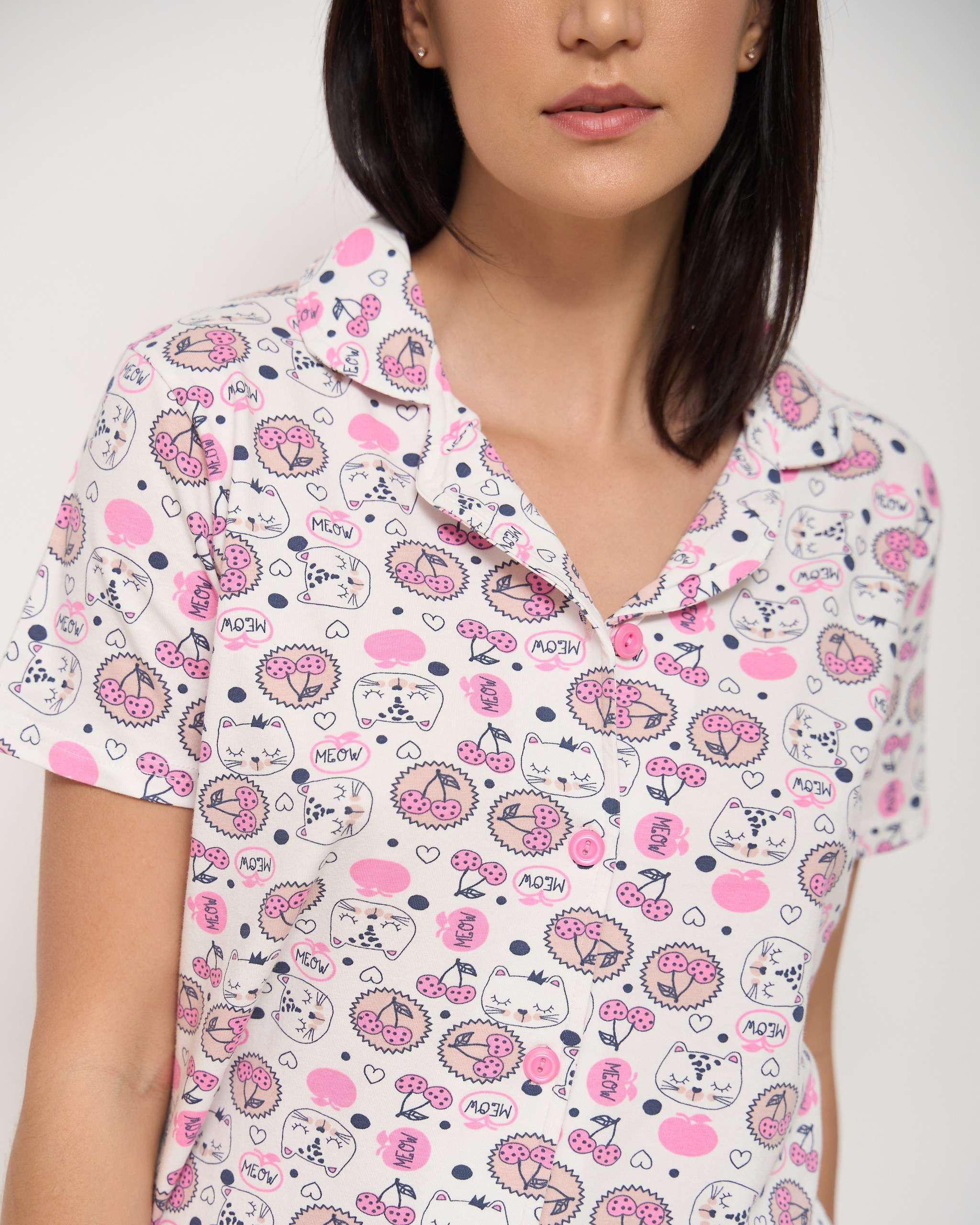 Пижама женская рубашка и шорты Кошки и вишенки L Белый (60184) - фото 2