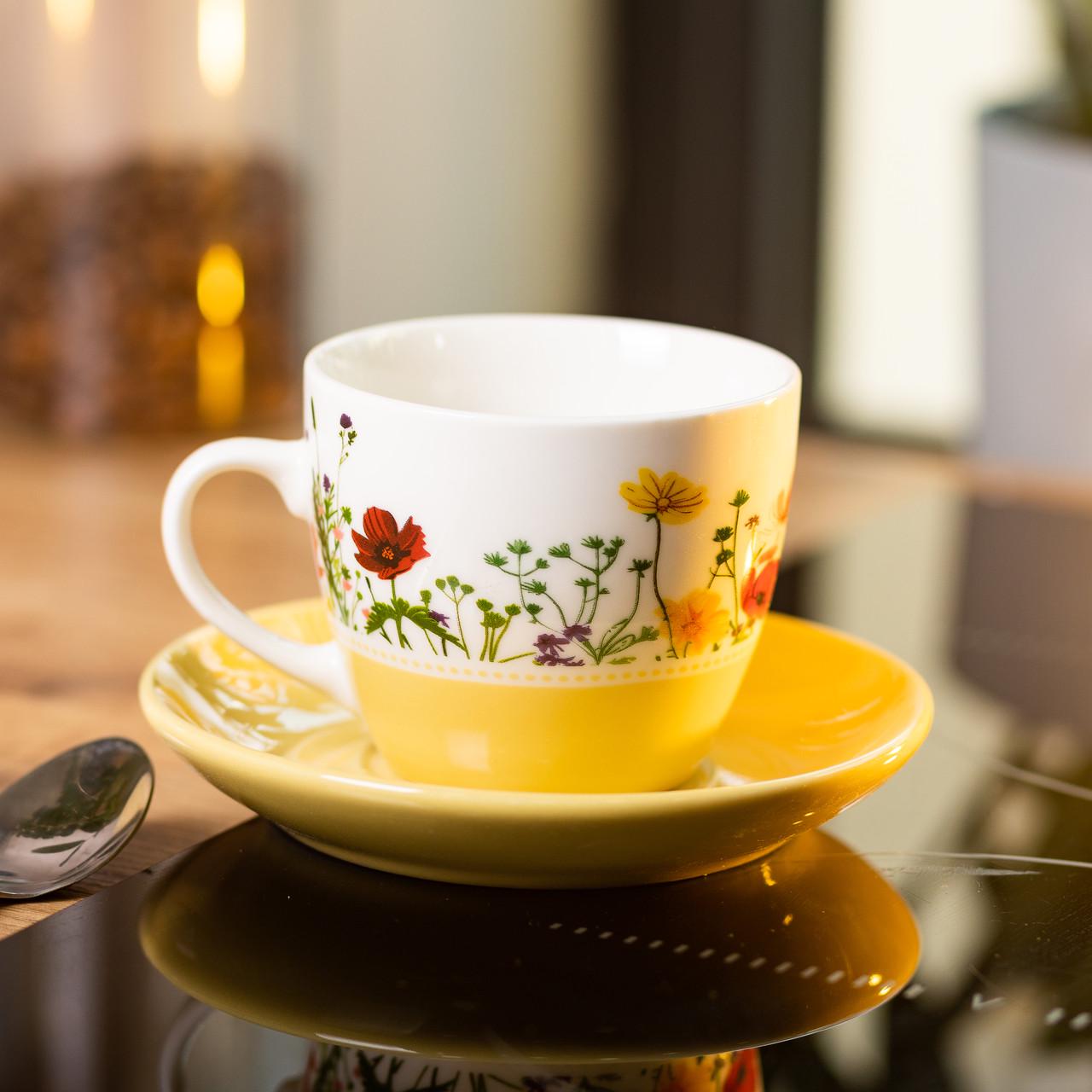 Чашка з блюдцем керамічна для чаю та кави 250 мл Жовтий (5757) - фото 7 Чашка з блюдцем керамічна для чаю та кави 250 мл Жовтий (5757) - фото 7