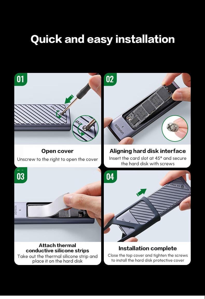 Зовнішня кишеня UGREEN для SSD M.2 Dual Protocol NVMe SATA USB 3.2 Gen 2 10Gbps алюмінієвий UASP TRIM SMART Темно-сірий (35051) - фото 11