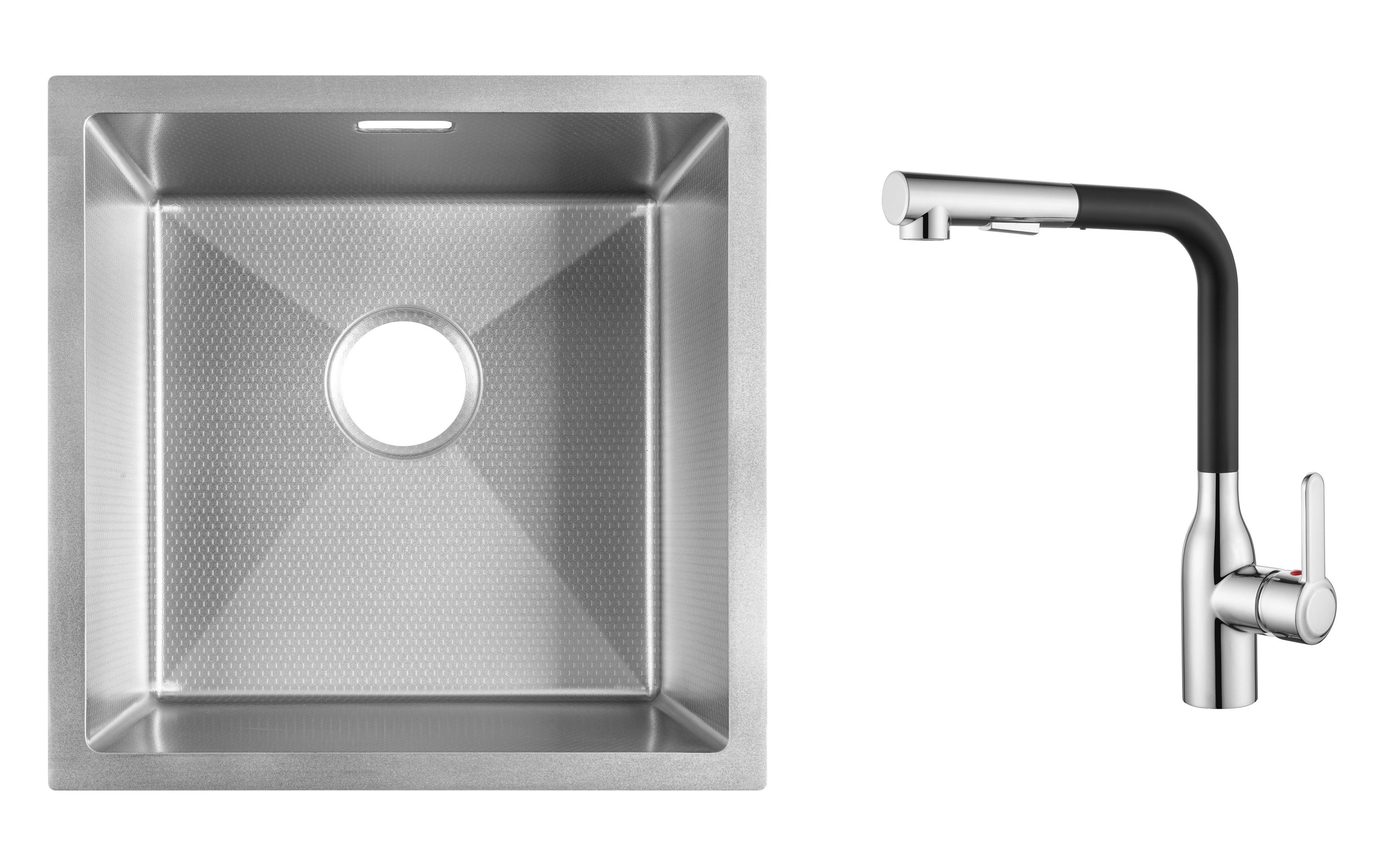 Комплект из кухонной мойки Gunter&Hauer Olef 4522 Inox Honey и кухонного смесителя Gunter&Hauer DUNKEL Cr-Bl